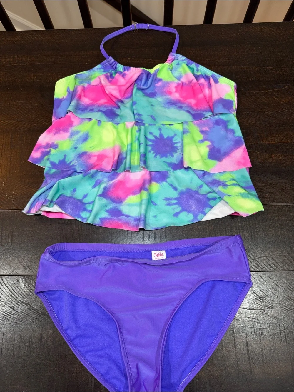Justice Neon Tie-Dye Ruffle Tankini in Purple, Pink, Green, Blue